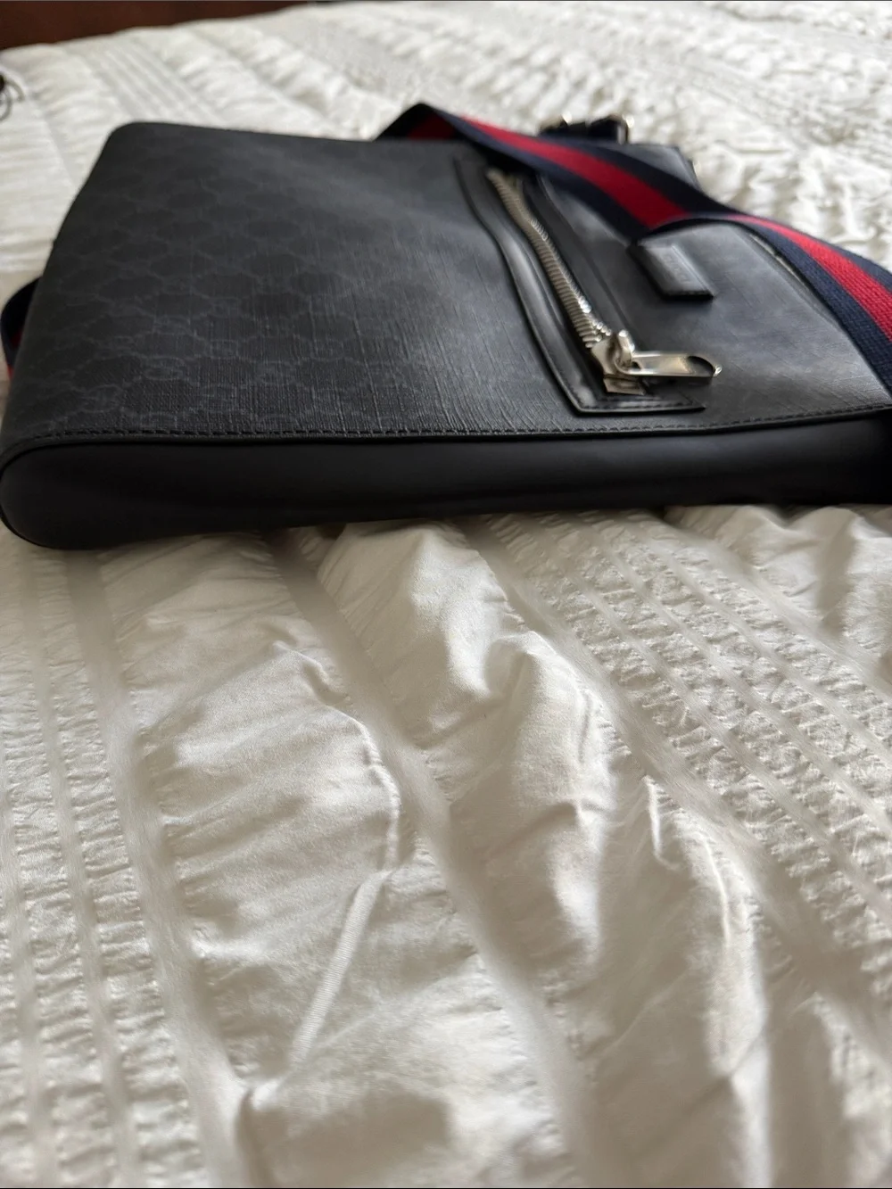 Authentic Gucci Black GG Supreme Messenger Bag with Red-Blue Web Strap